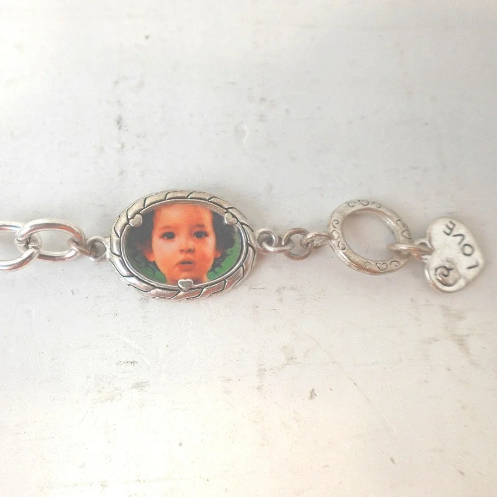 Y2K Photo Locket Charm Bracelet Silver Tone Picture Love Retro Chunk Jewelry